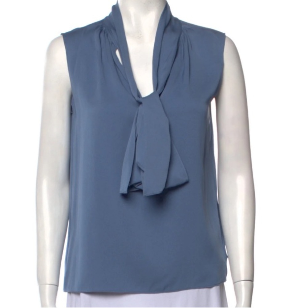 Theory | French Blue Silk Sleeveless Tie Scarf Top w/ Back Gathering. Silk. - Picture 5 of 6